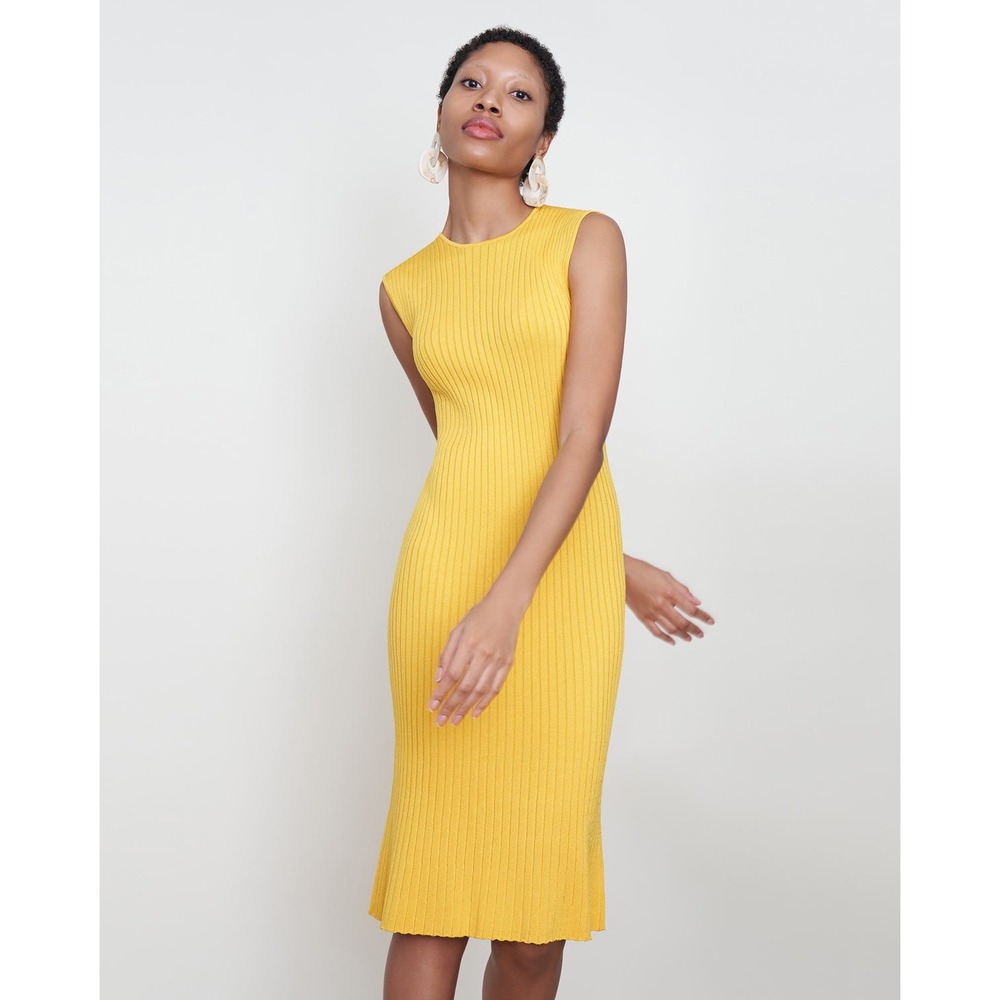 MM LaFleur Dylan Dress Tuscan Yellow Slinky Knit Ribbed Sleeveless Midi Size XS